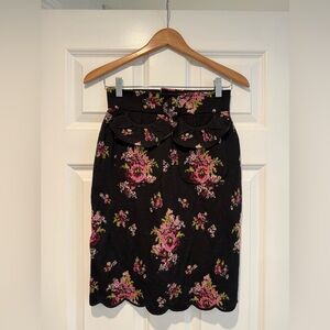 Vintage anthropologie knit Moth Black Pencil Skirt with Pink Floral Print
